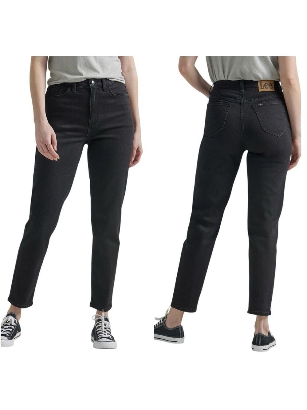 Lee Legendary High Rise Cropped Straight Leg Mom Jeans in Stretch Black Denim
